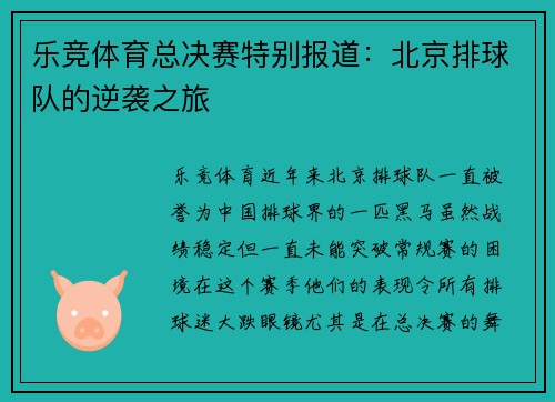 乐竞体育总决赛特别报道：北京排球队的逆袭之旅