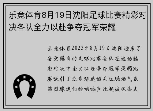 乐竞体育8月19日沈阳足球比赛精彩对决各队全力以赴争夺冠军荣耀