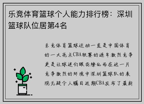 乐竞体育篮球个人能力排行榜：深圳篮球队位居第4名